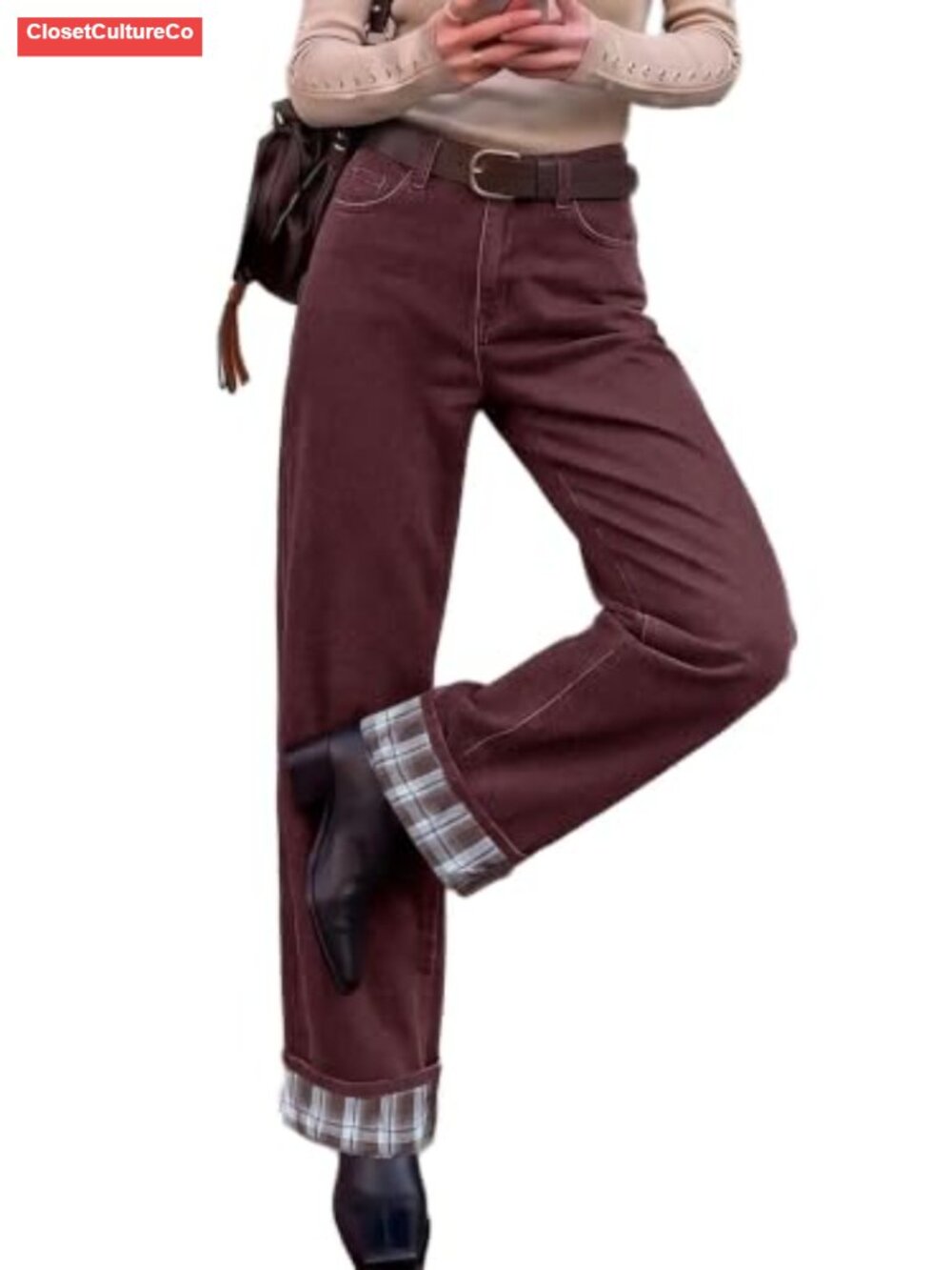 Wide Leg Jeans Mid Rise Cuffed Stretch Denim Pants